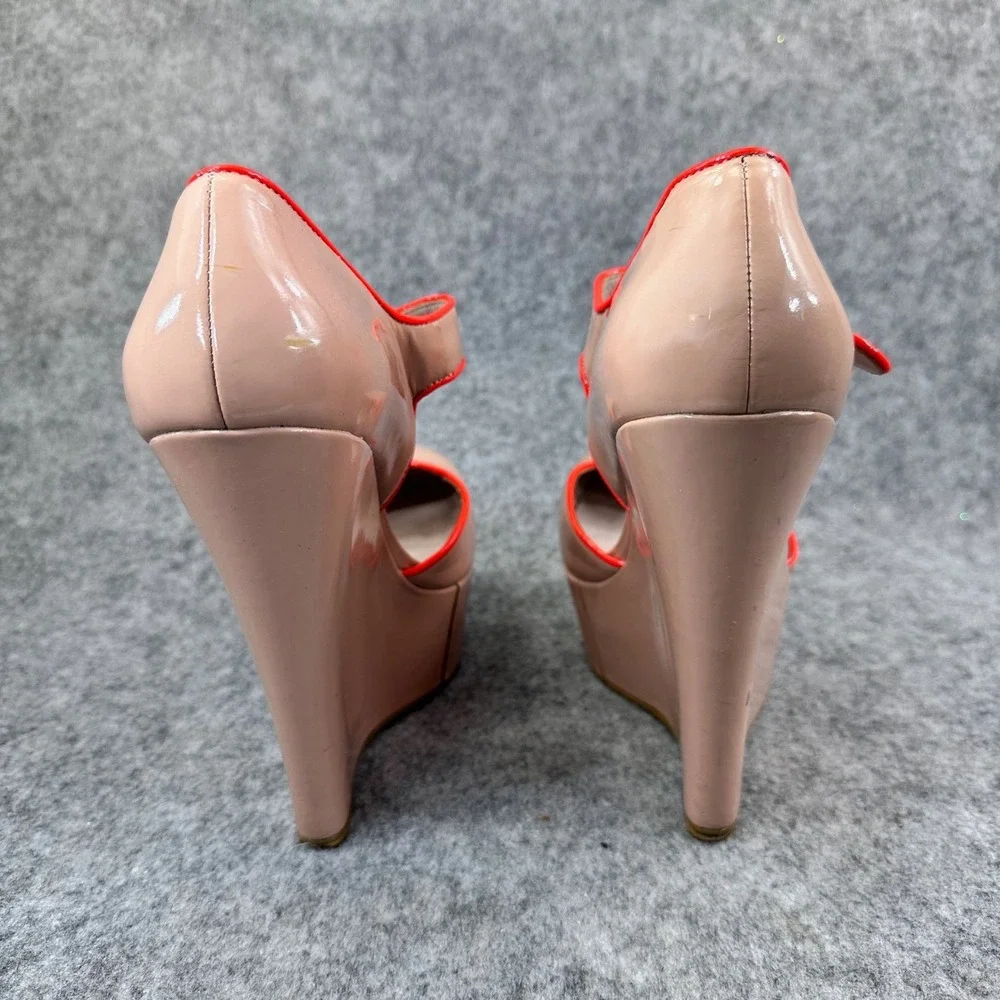 Cynthia Rowley Nude Patent Leather Neon Orange Piping Wedge Mary Jane Pumps 38.5